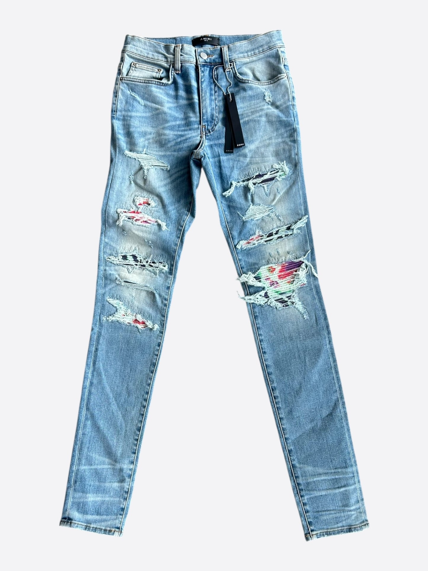 Amiri Clay Indigo Watercolor Patch Thrasher Jeans