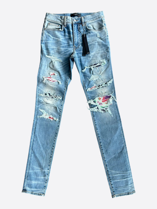 Amiri Clay Indigo Watercolor Patch Thrasher Jeans