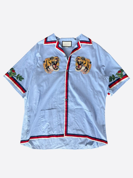 Gucci Blue & Red Embroidered Tiger Button Up Shirt
