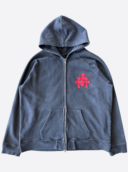 Chrome Hearts Navy & Red Triple Cross Patch Zip Up Hoodie