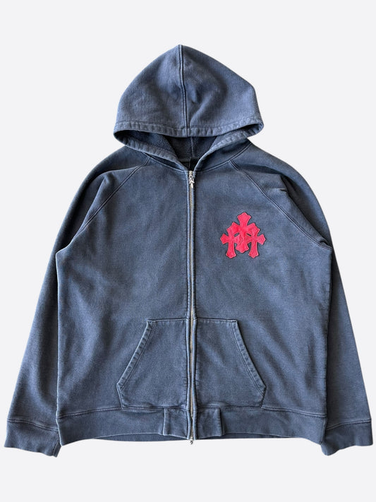 Chrome Hearts Navy & Red Triple Cross Patch Zip Up Hoodie