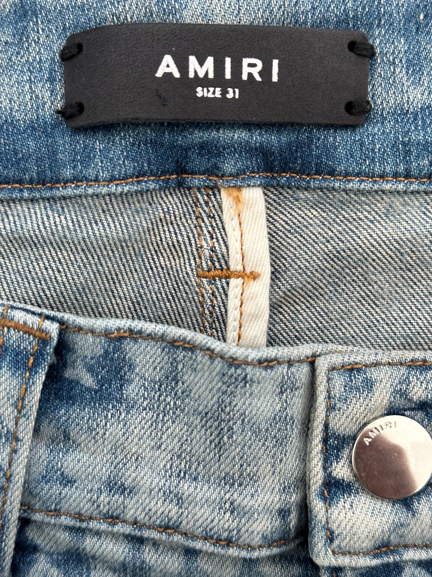 Amiri Playboy Clay Indigo Bunny Logo Distressed Jeans