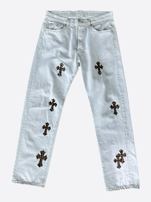 Chrome Hearts Levis White & Cheetah Cross Patch Jeans