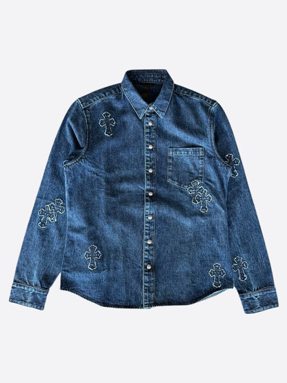 Chrome Hearts Blue Embroidered Cross Patch Denim Shirt