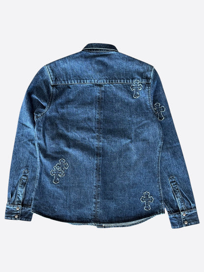 Chrome Hearts Blue Embroidered Cross Patch Denim Shirt