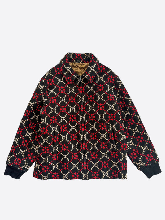 Gucci Black & Red GG Monogram Marco Wool Jacket