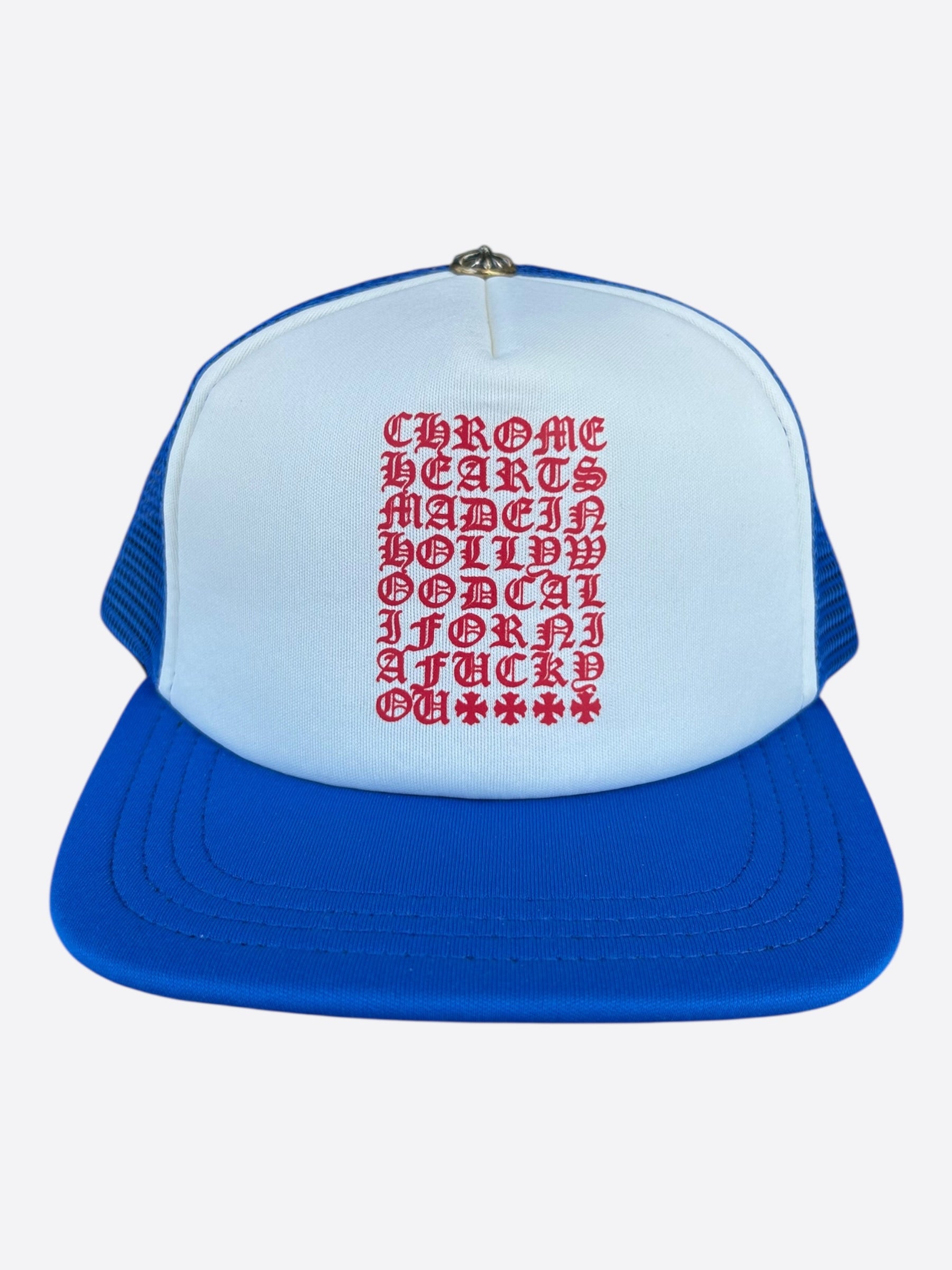 Chrome Hearts Blue, White & Red Eyechart Trucker Hat – Savonches