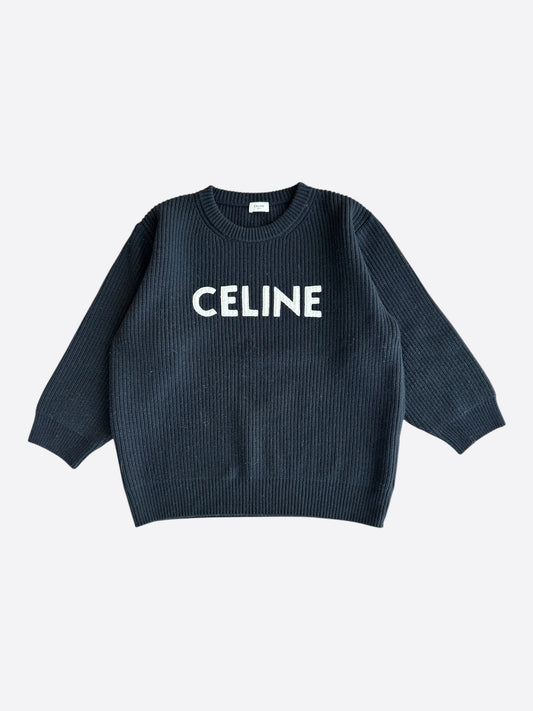 Celine Black & White Logo Ribbed Wool Women's Sweater
