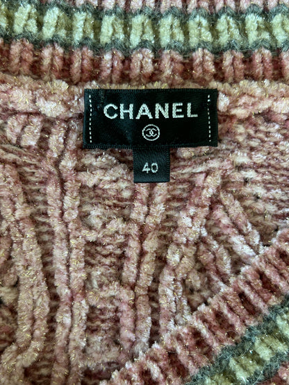 Chanel Pink & Grey Sequin Logo Embellished Women's Sweater