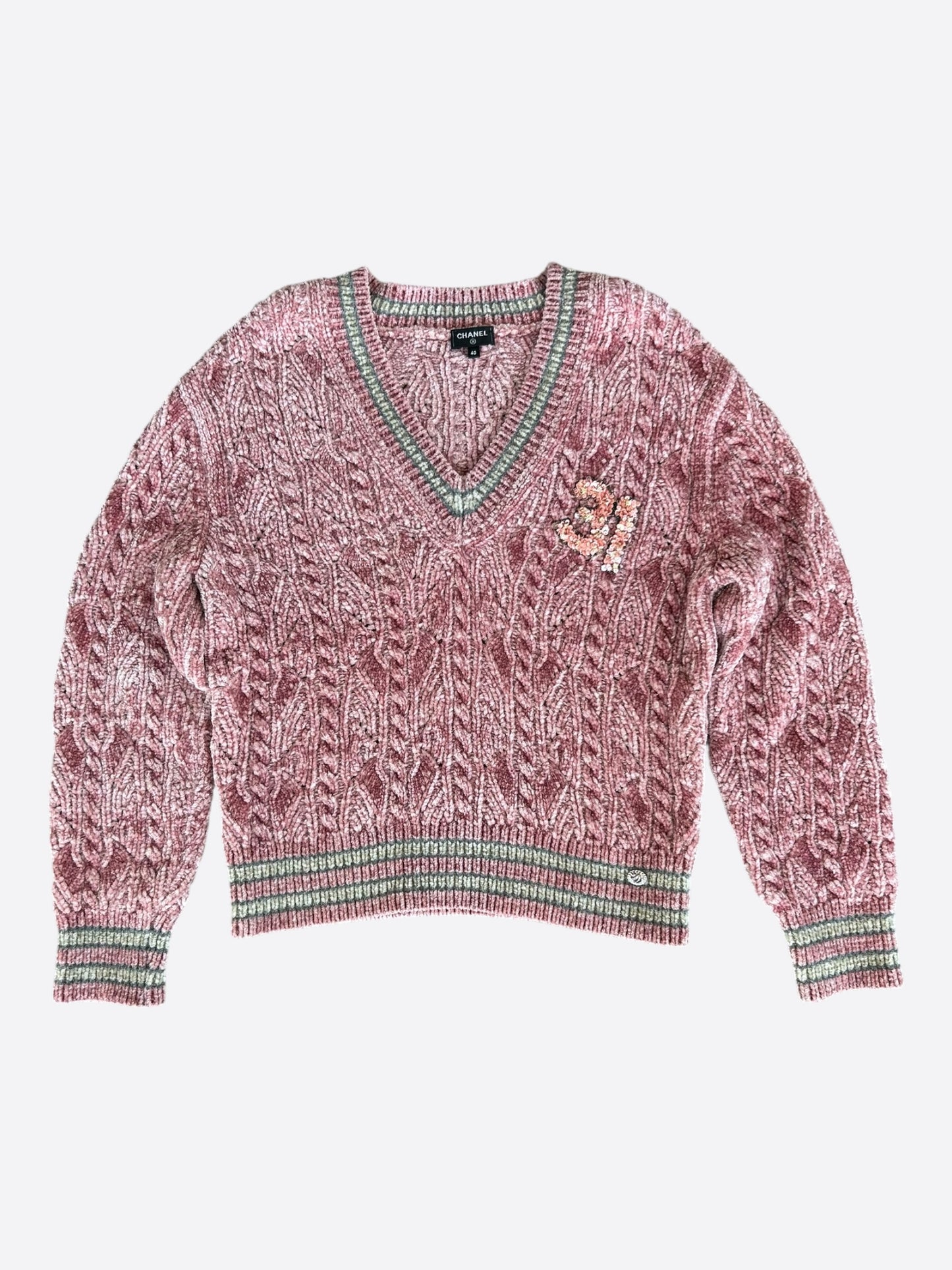 Chanel Pink & Grey Sequin Logo Embellished Women's Sweater