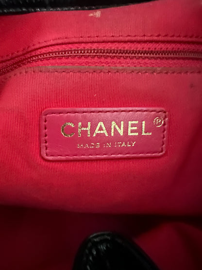 Chanel Shiny Black Calfskin Quilted Logo Bucket Bag