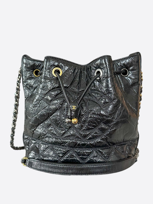 Chanel Shiny Black Calfskin Quilted Logo Bucket Bag