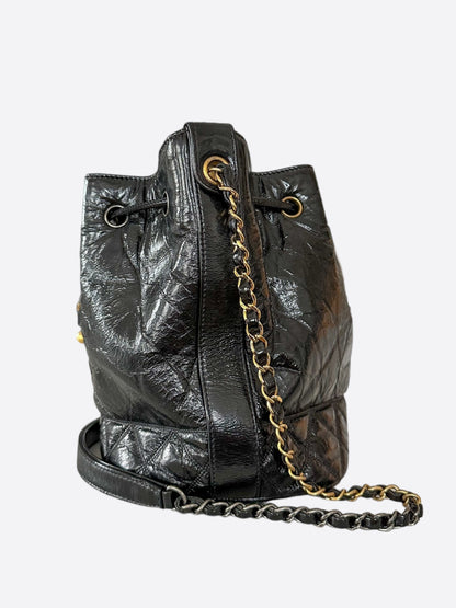 Chanel Shiny Black Calfskin Quilted Logo Bucket Bag