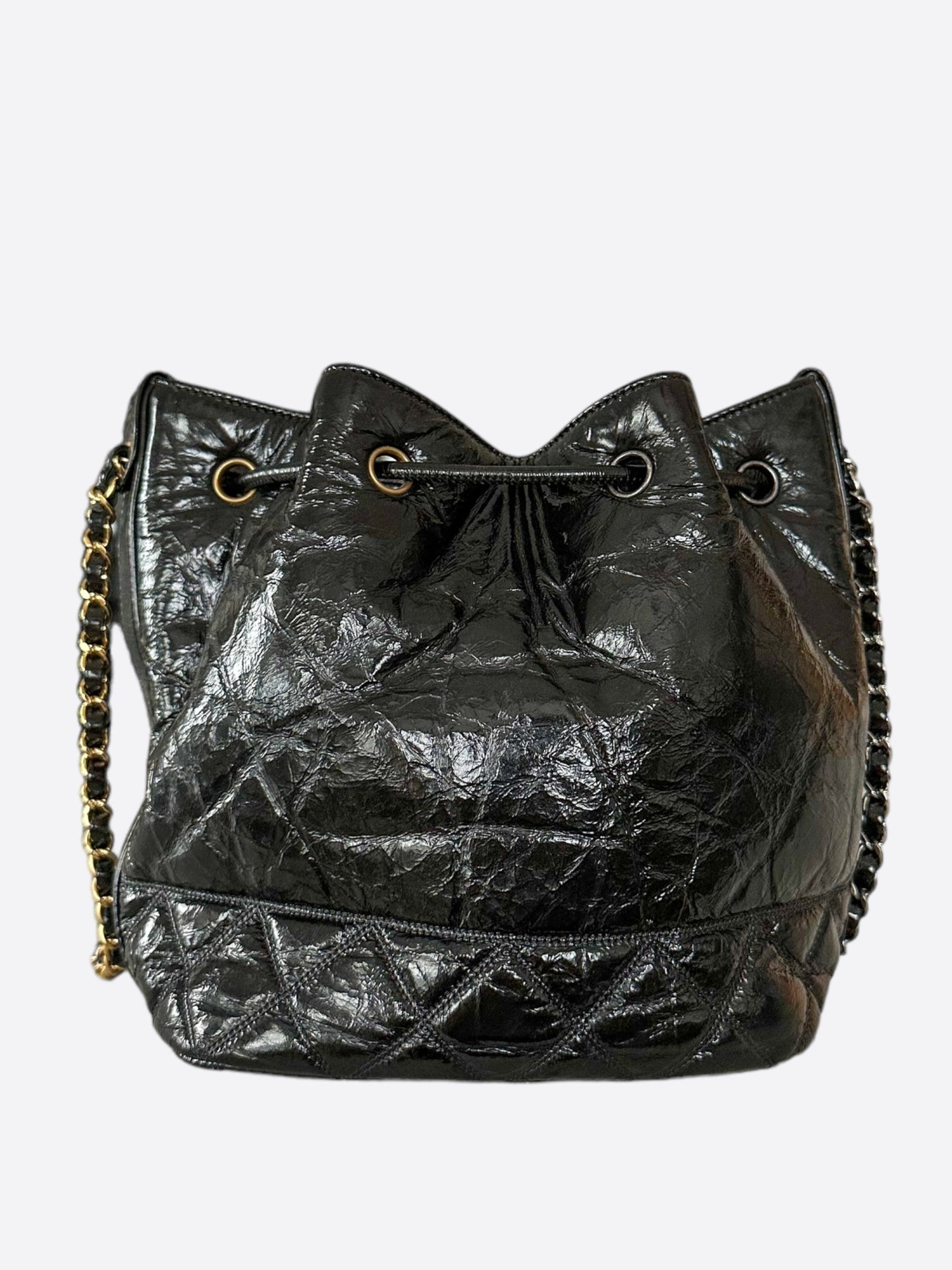 Chanel Shiny Black Calfskin Quilted Logo Bucket Bag