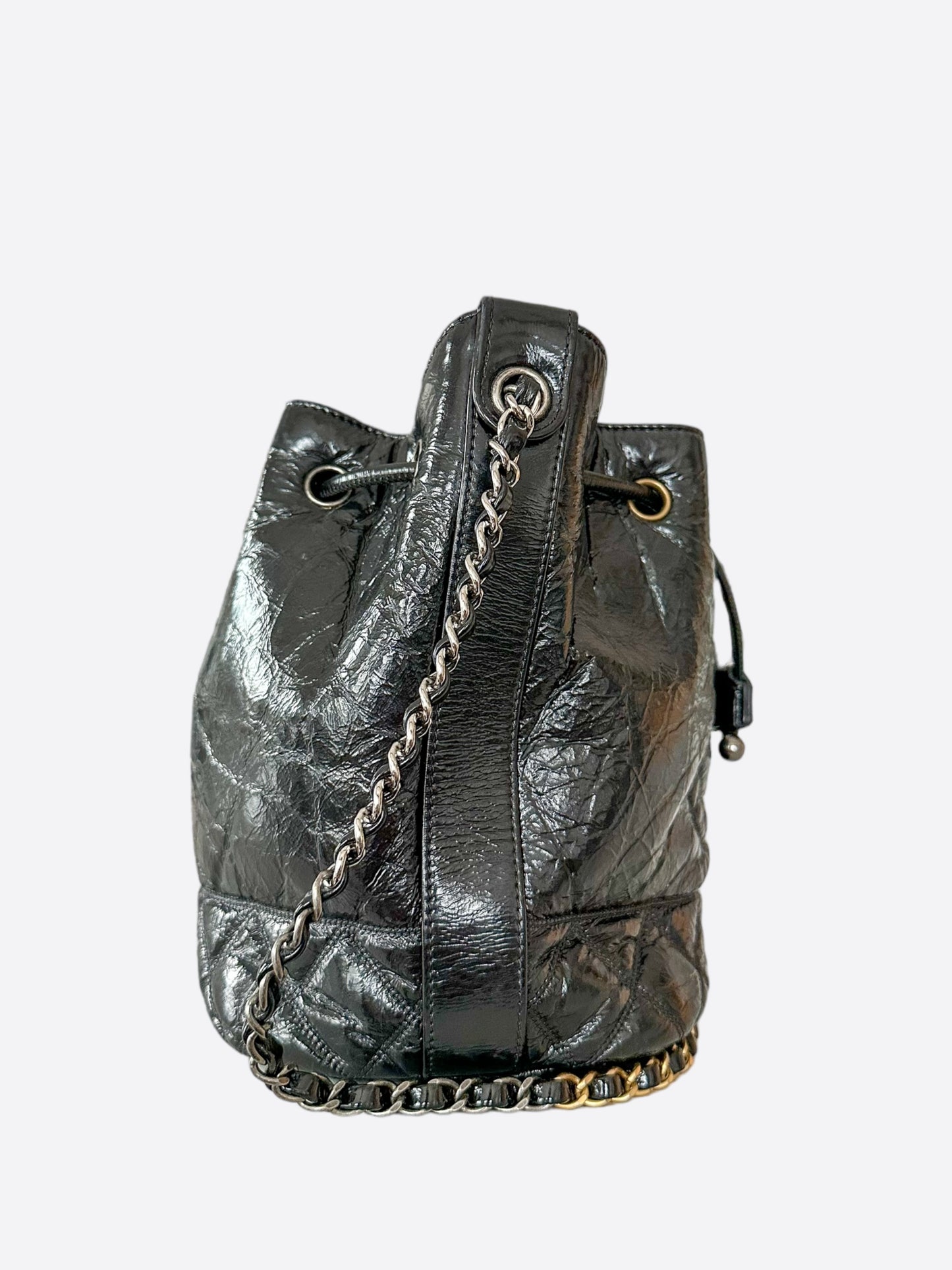 Chanel Shiny Black Calfskin Quilted Logo Bucket Bag