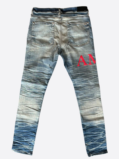 Amiri Vintage Indigo Red Serif Logo Distressed Jeans