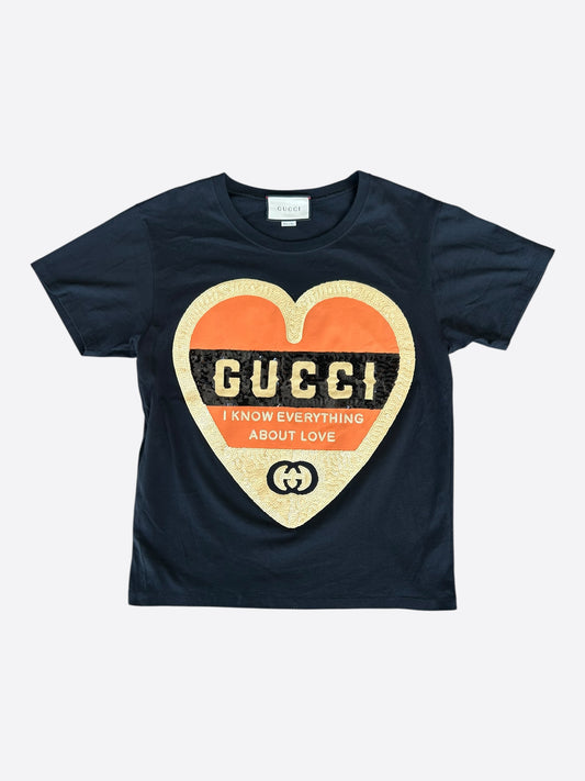 Gucci Black & Multicolor Sequin Heart Logo T-Shirt