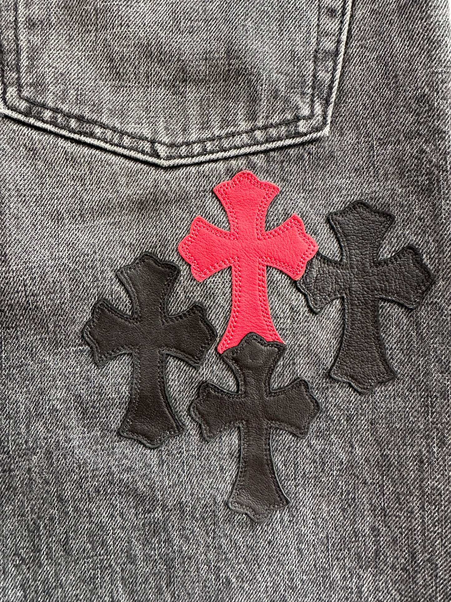 Chrome Hearts Grey Black & Red Cross Patch Jeans