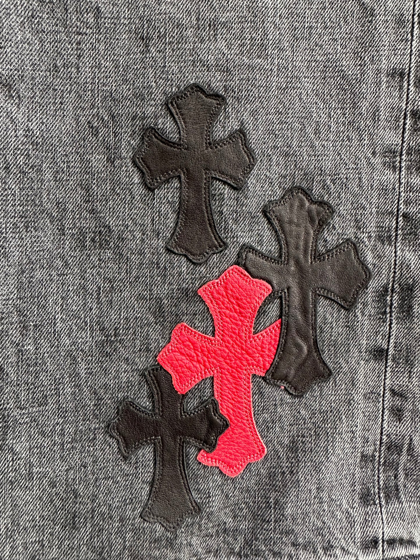 Chrome Hearts Grey Black & Red Cross Patch Jeans