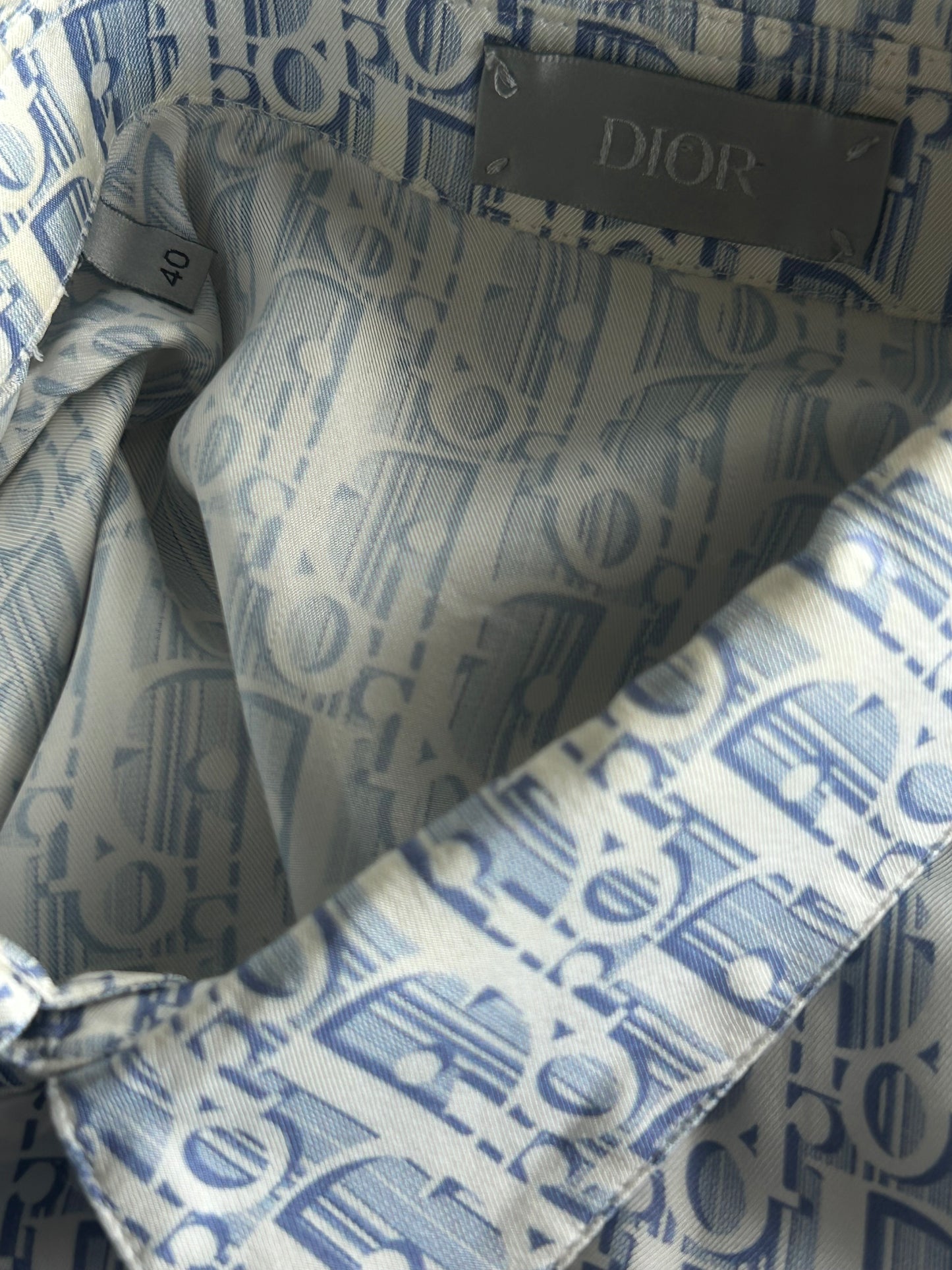 Dior White & Blue Oblique Silk Button Up Shirt