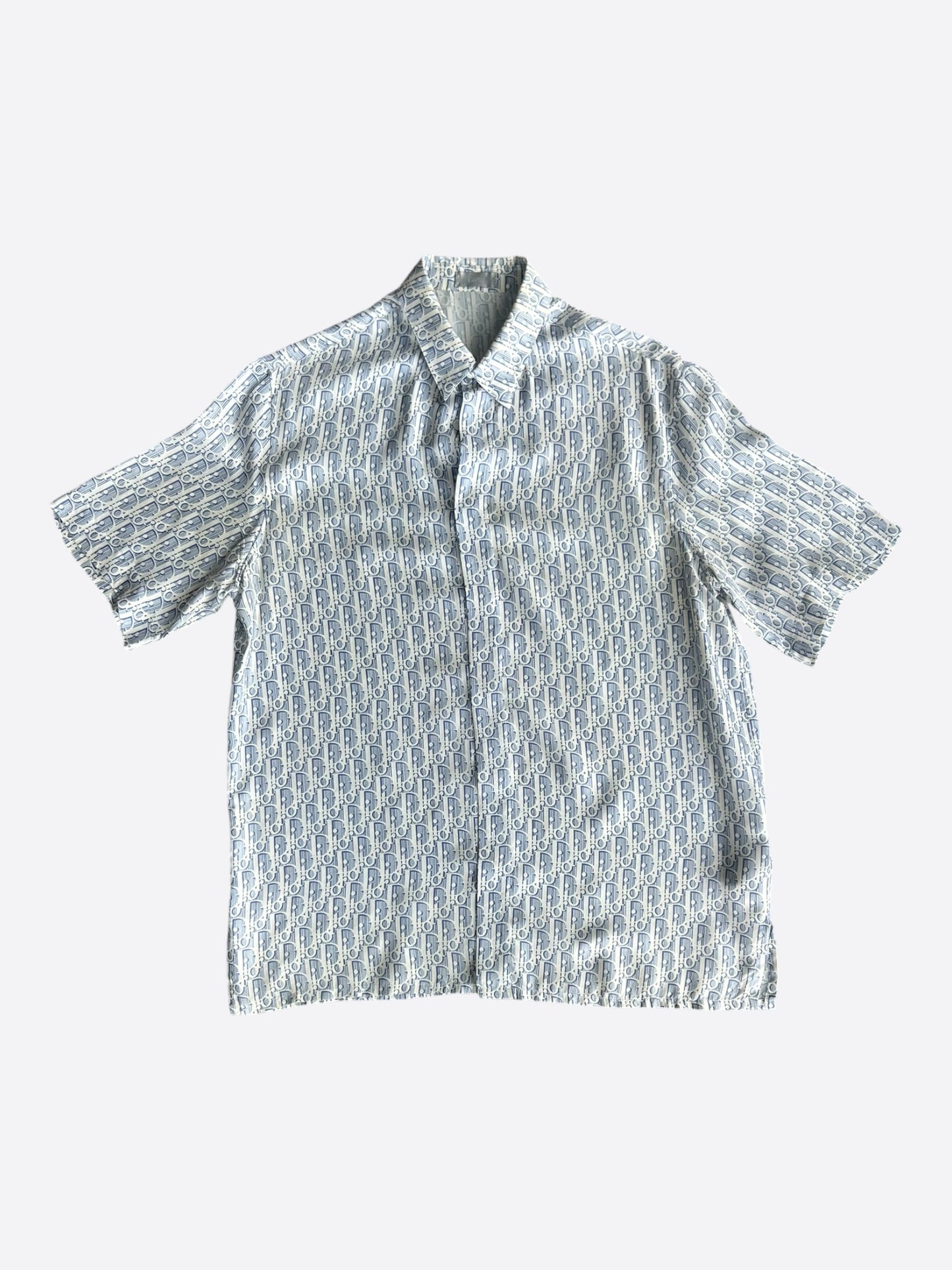 Dior White & Blue Oblique Silk Button Up Shirt