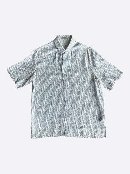 Dior White & Blue Oblique Silk Button Up Shirt