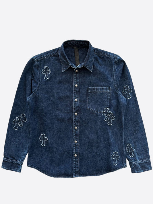 Chrome Hearts Blue Embroidered Cross Patch Denim Shirt