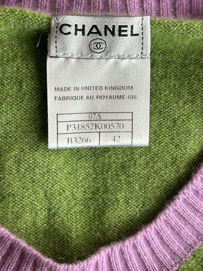 Chanel Green & Pink Embroidered Shield Logo Women's Sweater
