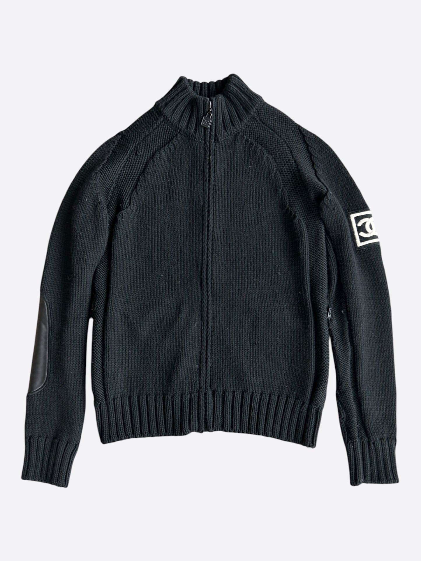 Chanel Black & White CC Logo Women's Zip Up Knít Cardigan