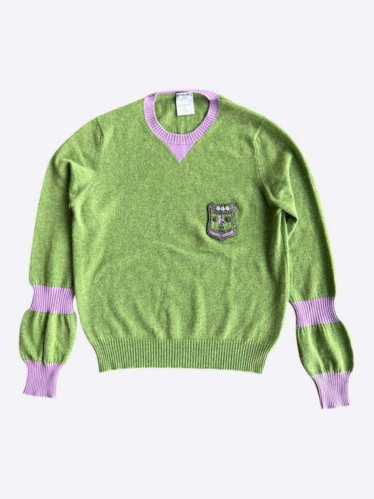 Chanel Green & Pink Embroidered Shield Logo Women's Sweater