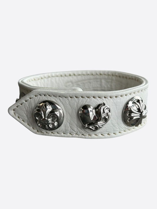Chrome Hearts White & Rhodium Leather Snap Button Bracelet