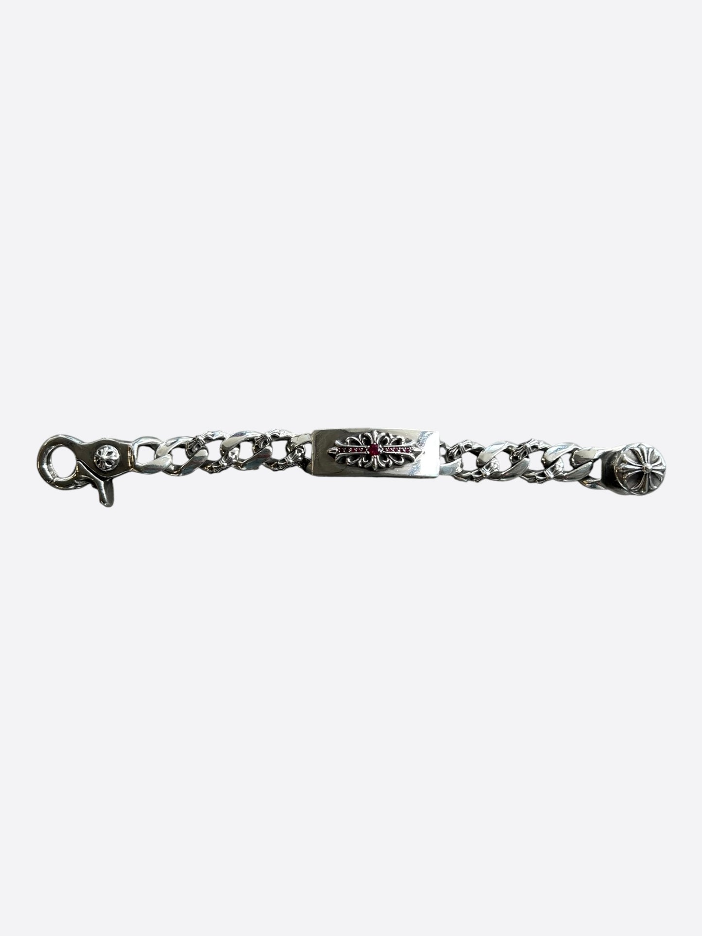 Chrome Hearts Silver & Ruby Fancy Link Floral Cross Cuban Bracelet