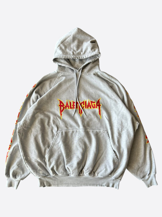 Balenciaga Grey & Red Metal Logo Distressed Hoodie