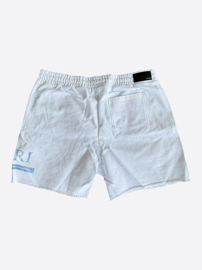 Amiri White & Blue MA Watercolor Bar Logo Shorts