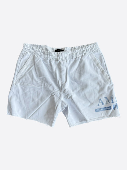 Amiri White & Blue MA Watercolor Bar Logo Shorts