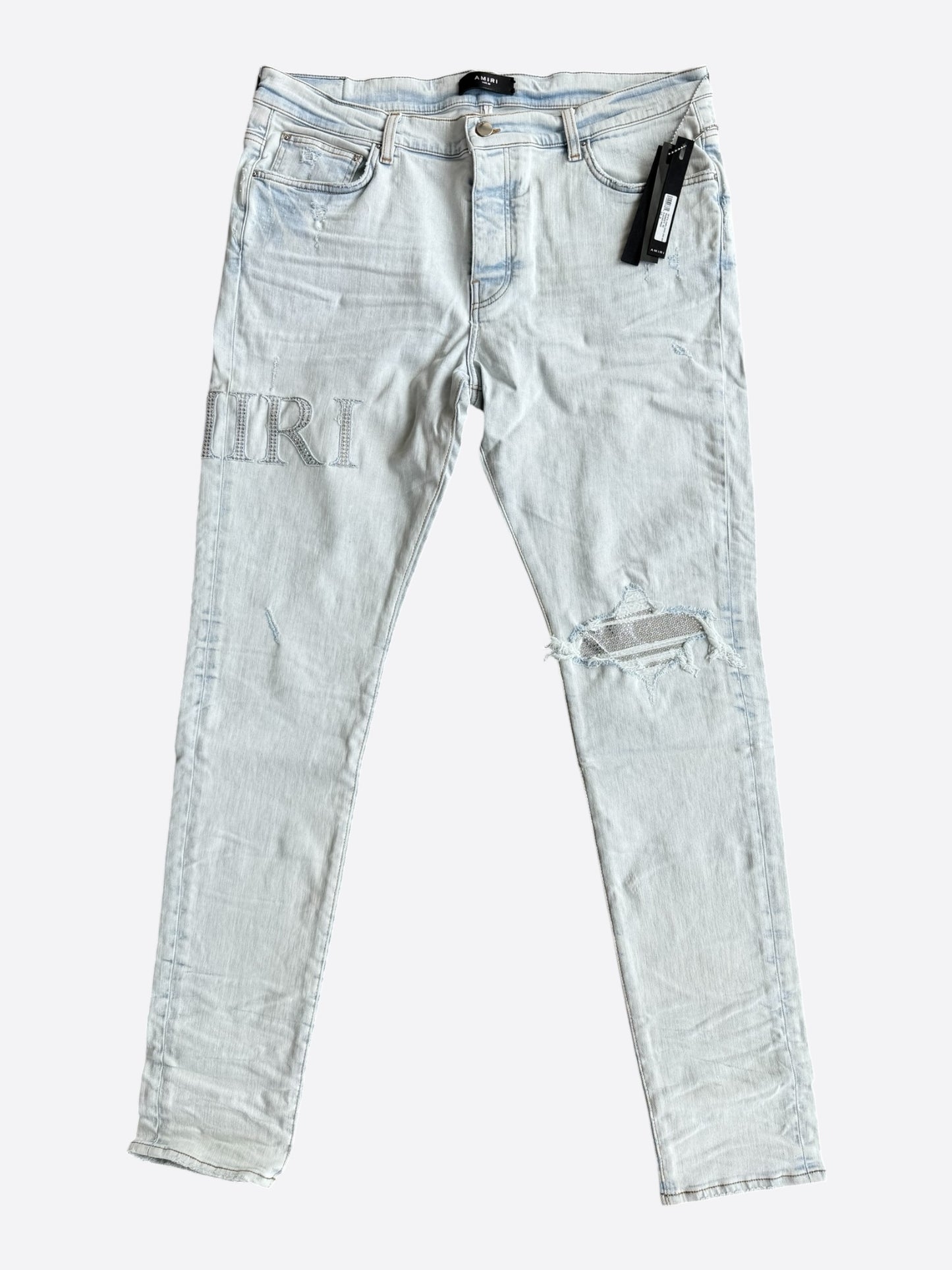 Amiri Bleached Indigo & Crystal Applique Logo Jeans