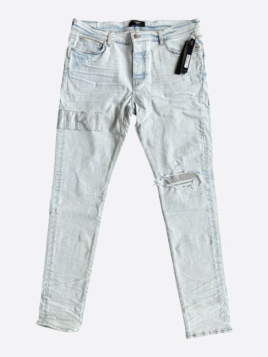 Amiri Bleached Indigo & Crystal Applique Logo Jeans