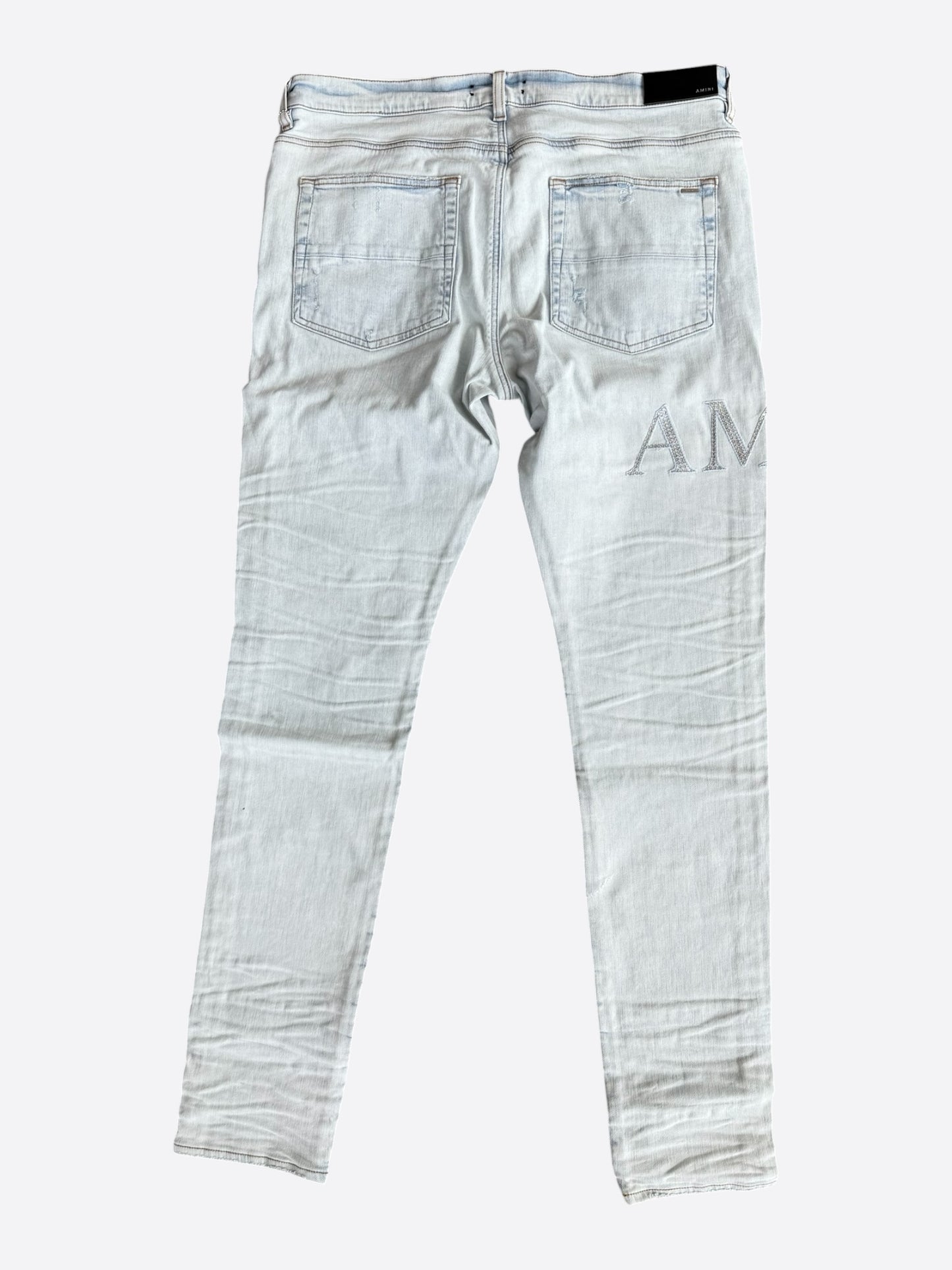 Amiri Bleached Indigo & Crystal Applique Logo Jeans