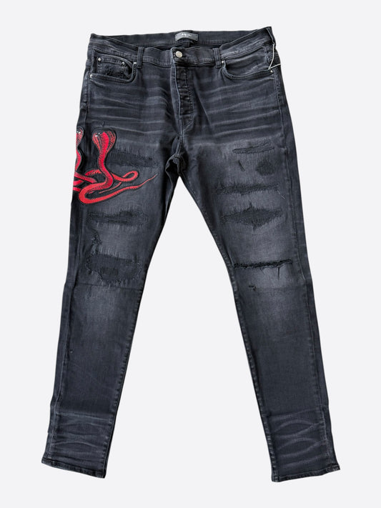 Amiri Aged Black & Red Snake Applique Thrasher Jeans
