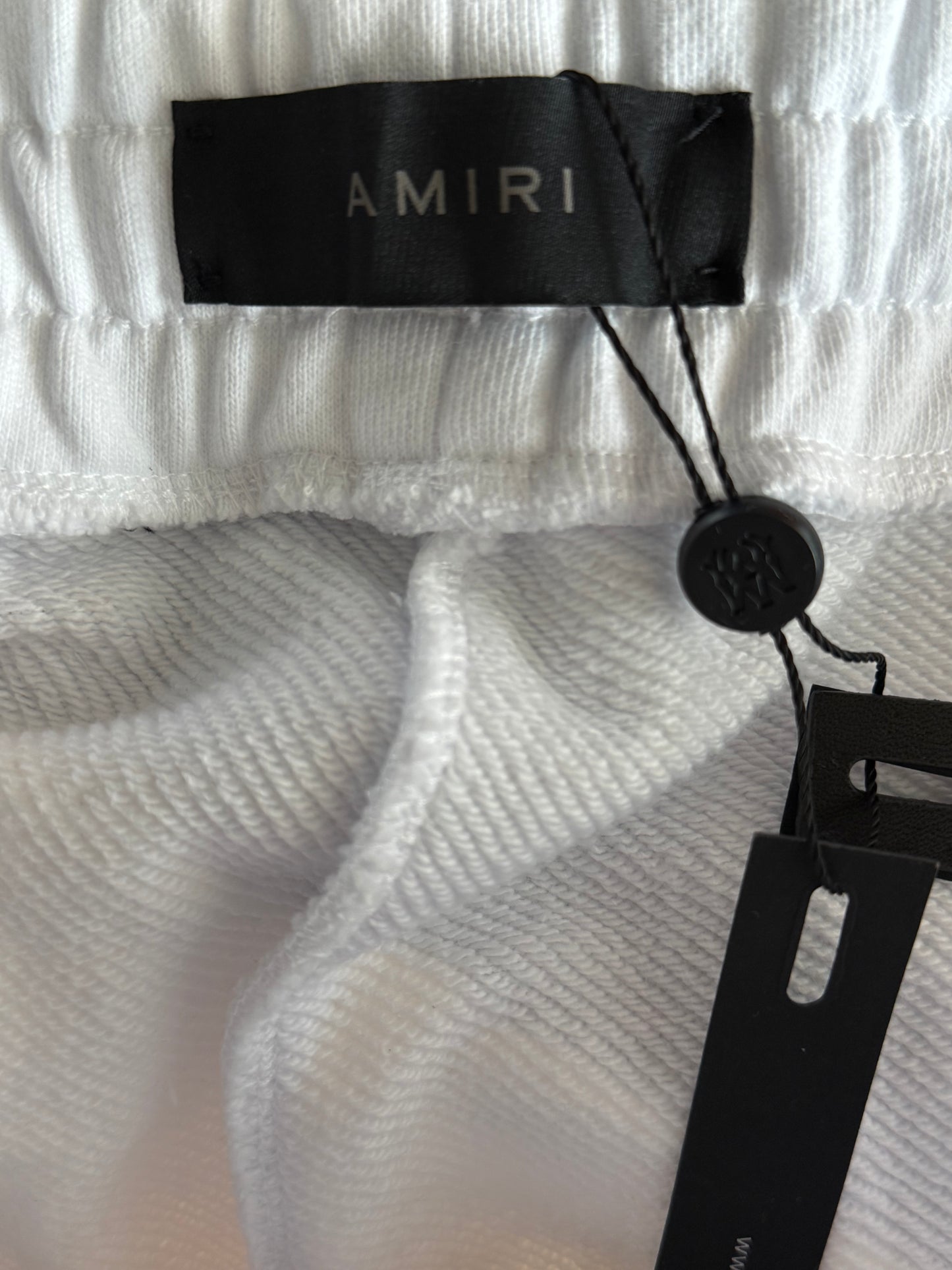 Amiri White & Blue MA Watercolor Bar Logo Shorts