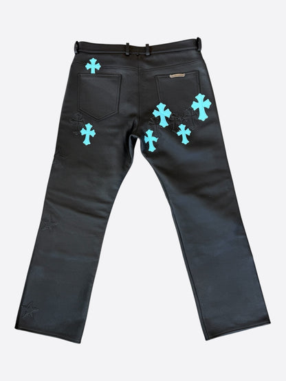 Chrome Hearts Black & Blue Leather Patch Fleur Knee Jeans
