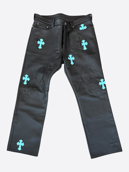 Chrome Hearts Black & Blue Leather Patch Fleur Knee Jeans