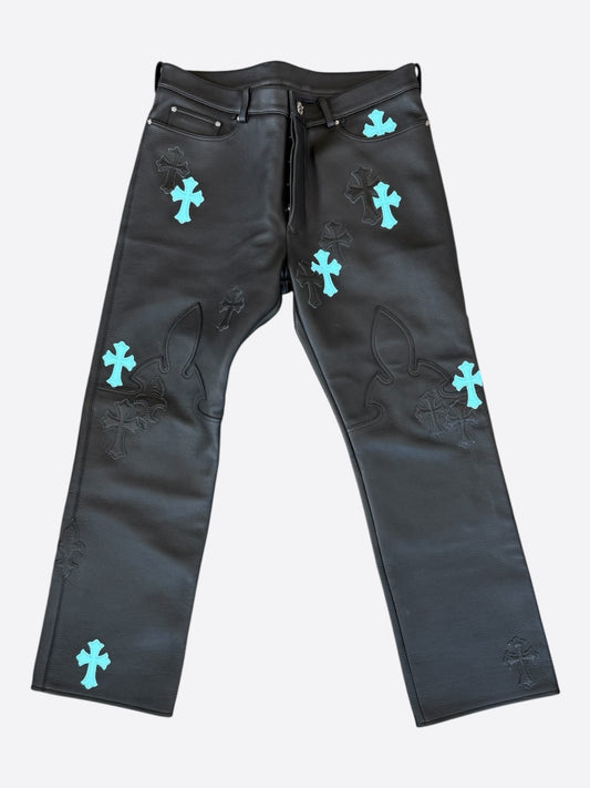 Chrome Hearts Black & Blue Leather Patch Fleur Knee Jeans
