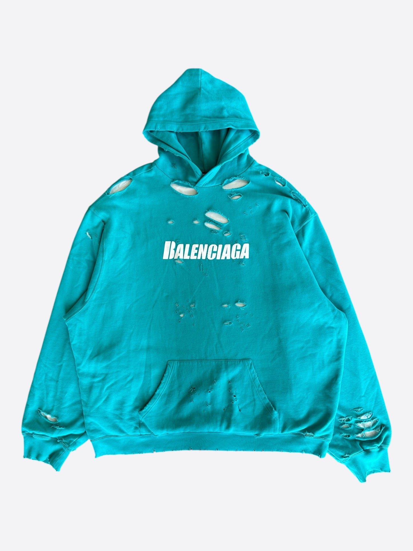 Balenciaga Turquoise & White Logo Distressed Hoodie