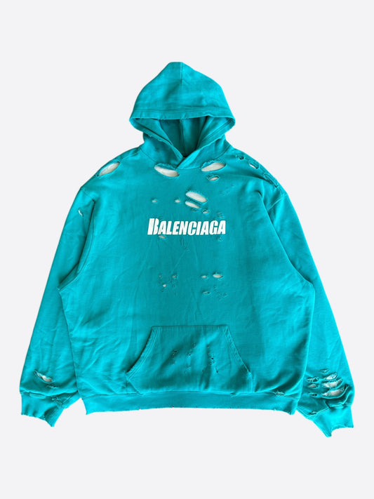 Balenciaga Turquoise & White Logo Distressed Hoodie