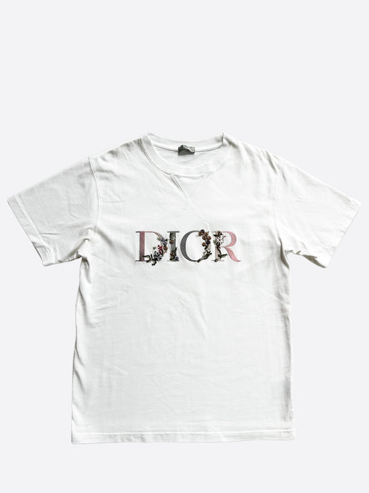 Dior White Floral Logo Embroidered T-Shirt