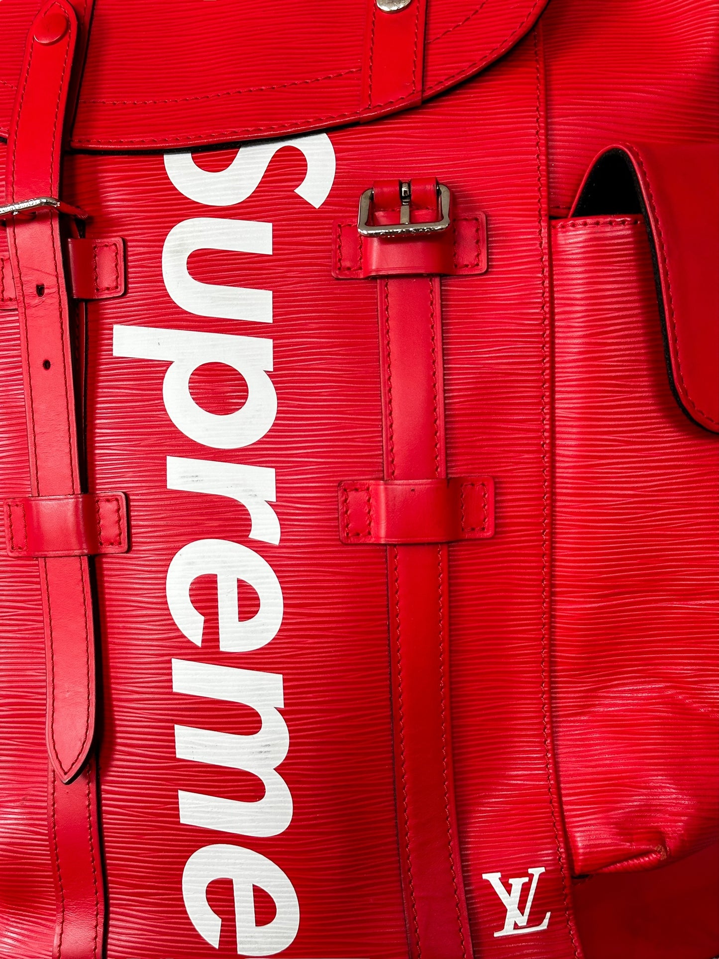 louis vuitton backpack red white Louis Vuitton Supreme Red & White EPI Christopher Backpack – Savonches