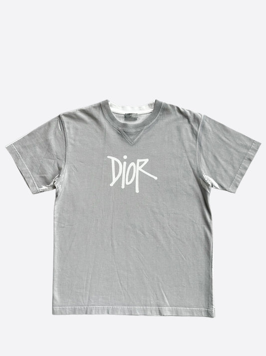 Dior Stussy Grey & White Logo T-Shirt