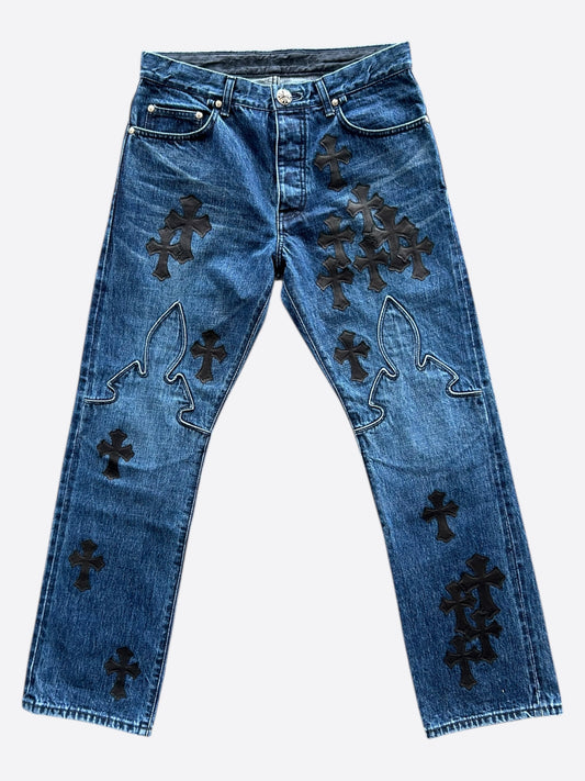 Chrome Hearts Blue & Black Cross Patch Fleur Jeans
