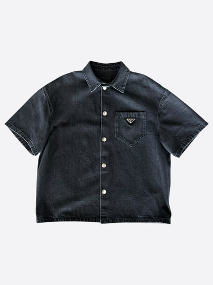 Prada Washed Black Logo Denim Button Up Shirt
